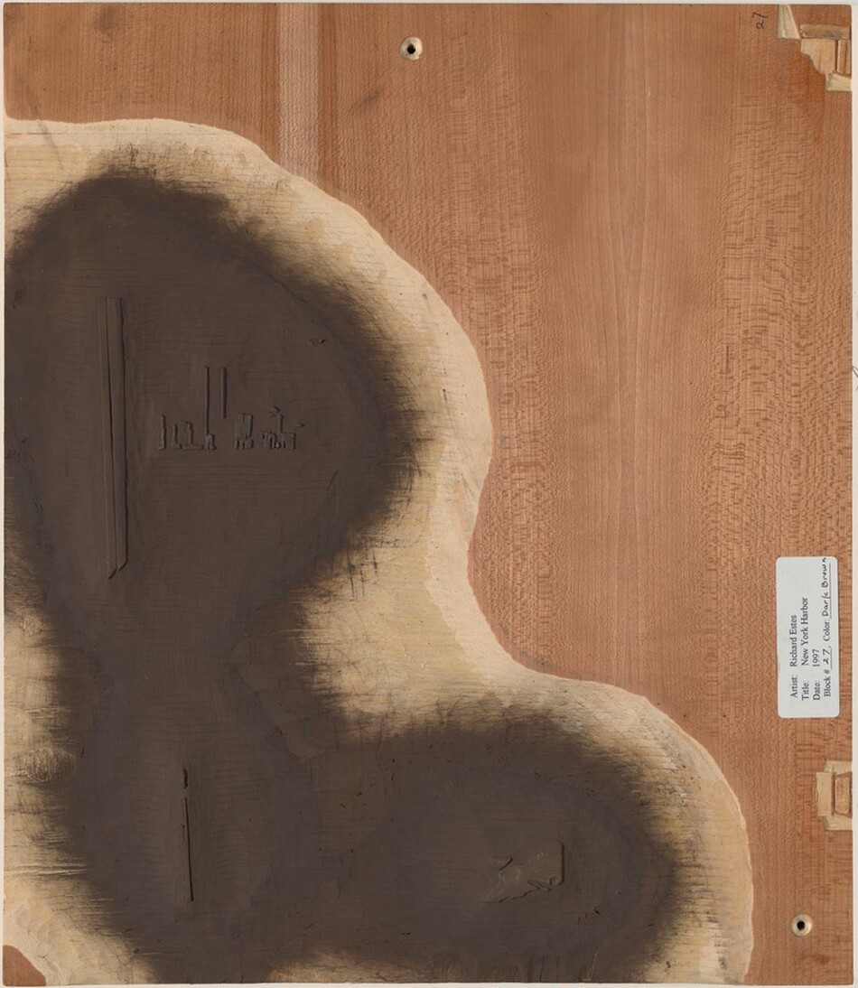 The image shows an irregular, organic-shaped dark form on the left side of a wooden background with vertical grain lines. The shape has soft, indistinct edges and resembles a cloud or an ink spill. There are small, inset shapes and a drilled hole near the top that resemble buttons or fasteners.