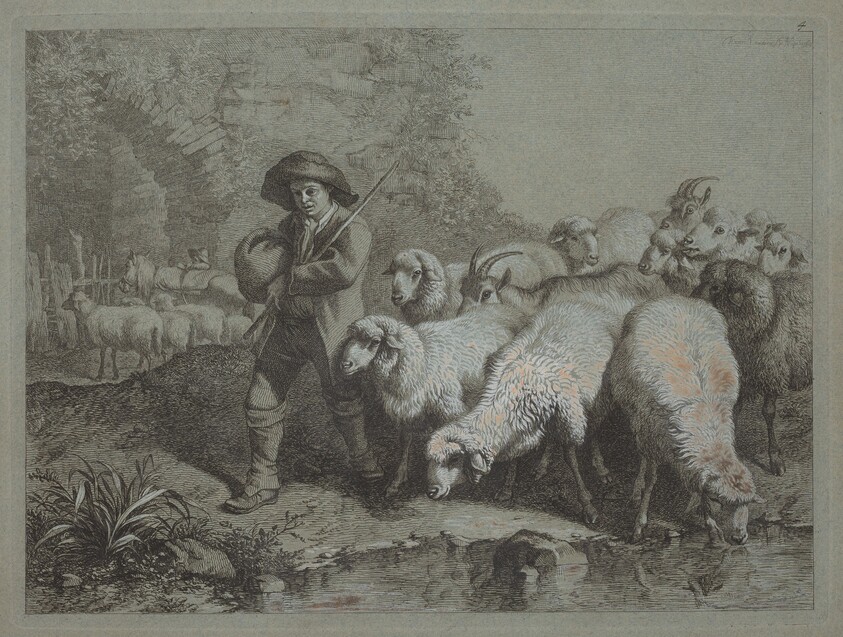Shepherd with a Sack Driving a Flock