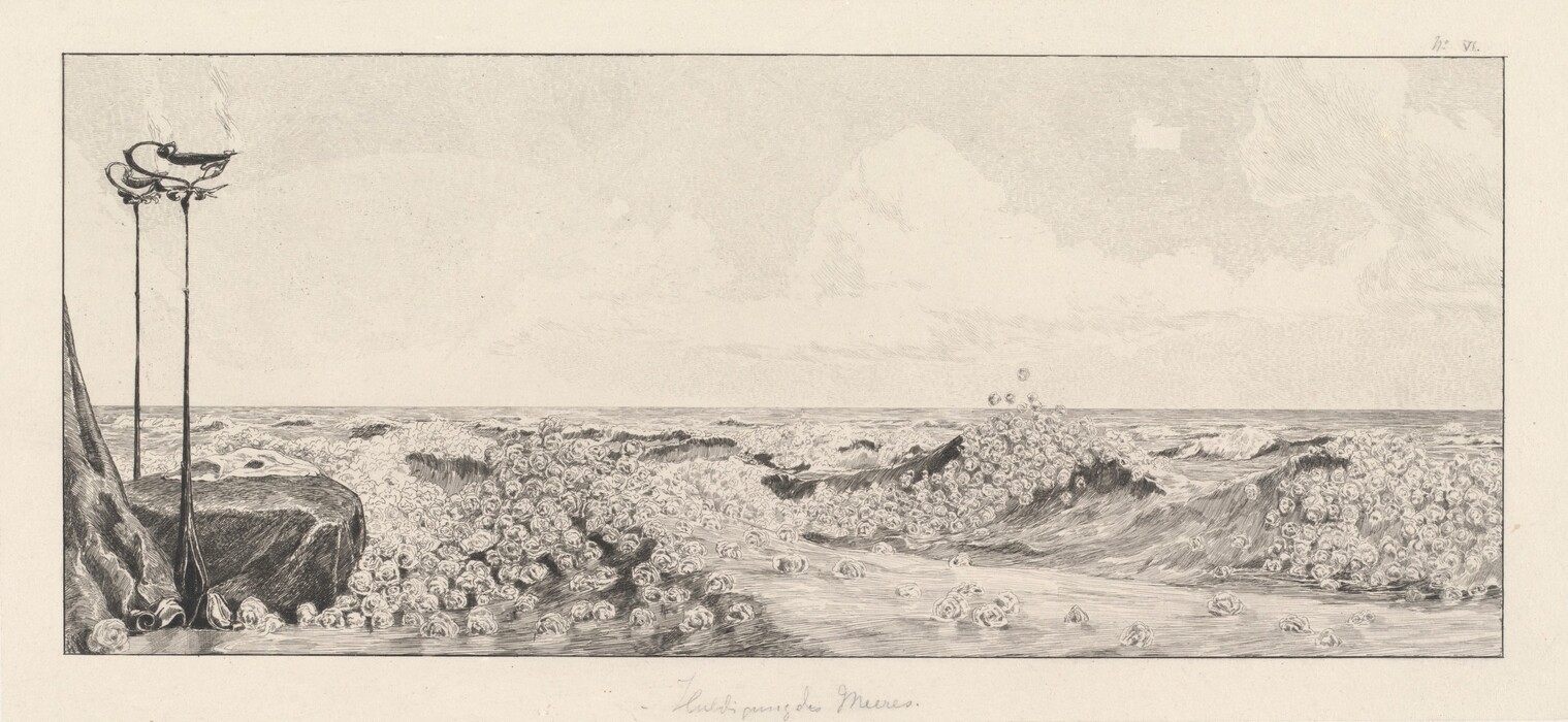 The image contains intricate lines and swirling shapes creating an abstract depiction of frothy, wave-like patterns. On the left side, two slender, pole-like forms rise vertically, topped by fluid shapes. The circular shapes in the waves give the impression of roses or swirling clouds. The abstract elements suggest an interaction between land and sea, with recognizable motifs adding to the scene's texture and depth.