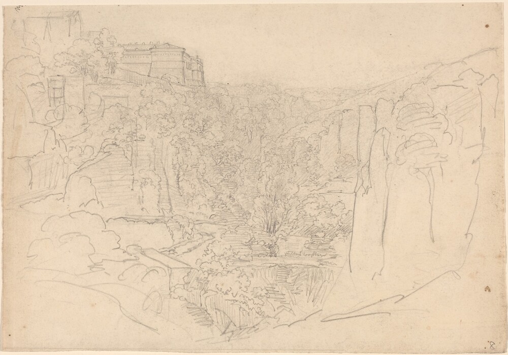 The image features a pencil drawing of a landscape from an elevated perspective. A building stands on a cliff to the left, overlooking a deep ravine with lush vegetation. The ravine is characterized by rocky walls and trees, creating a textured landscape. The horizon line is high in the composition, adding depth to the scene. The drawing shows soft, careful pencil strokes for outlines and shading, with a monochromatic color palette of graphite gray tones.