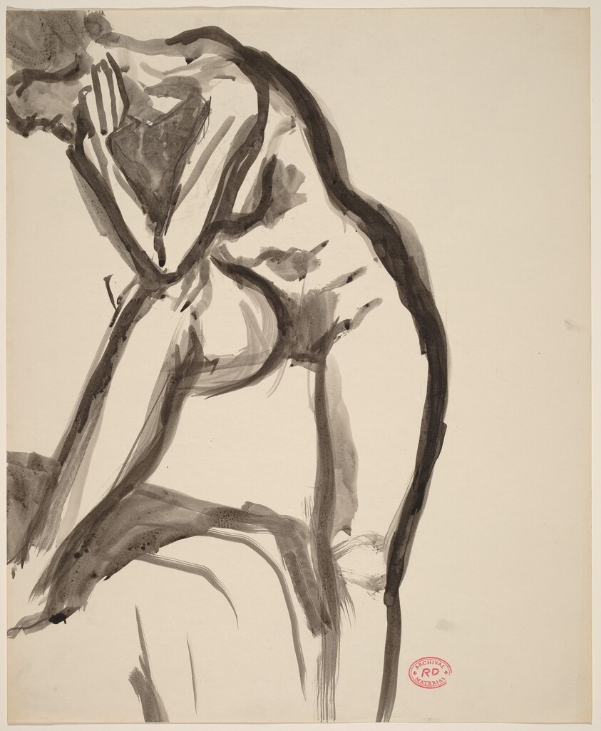 Untitled [standing female nude leaning elbow on knee]