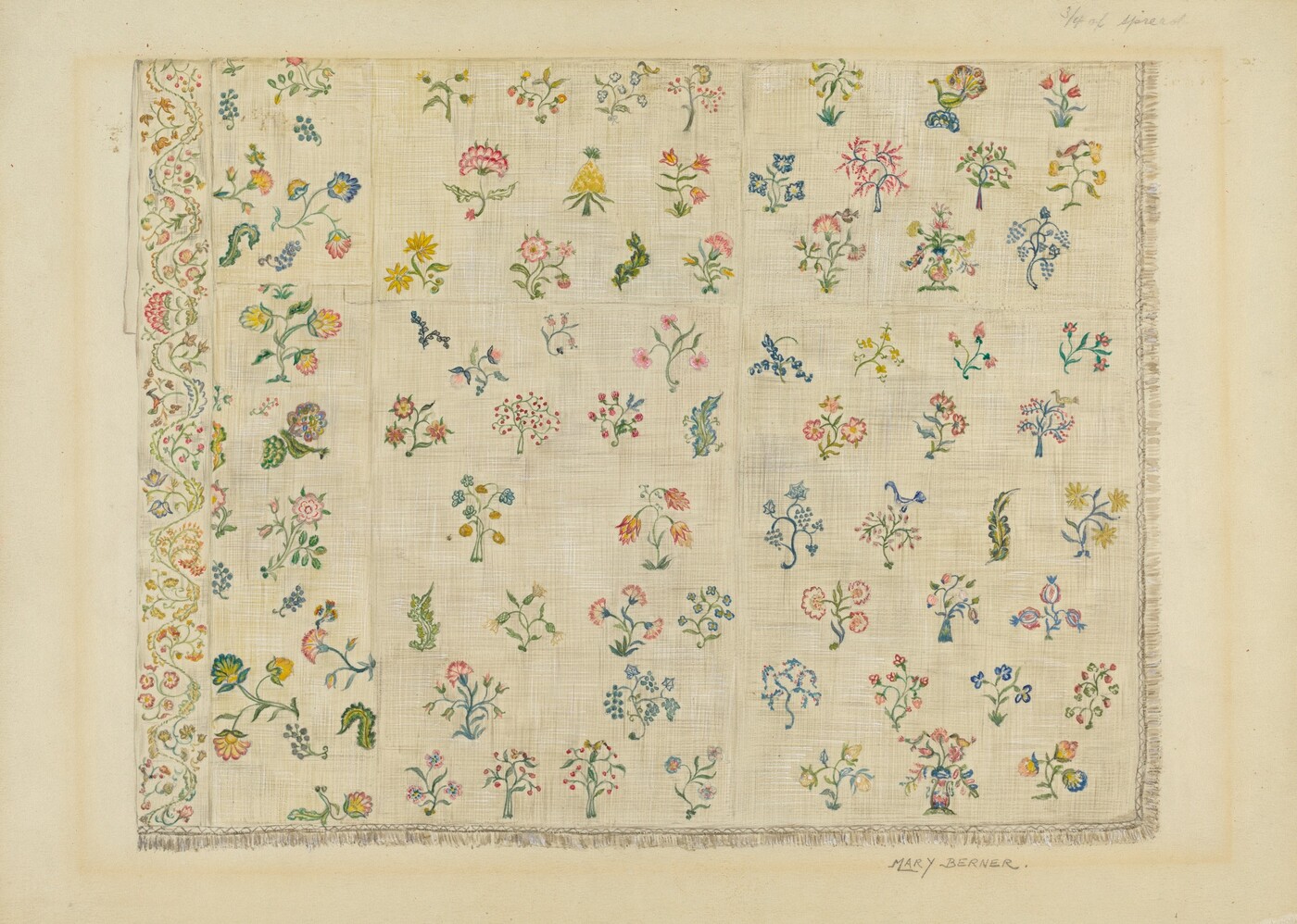 This is a drawing of a floral embroidery sampler. The image features meticulously detailed embroidered patterns arranged in a grid-like format on a light fabric background. Each pattern illustrates various small, multicolored floral designs, showcasing a range of intricate needlework techniques. Along the left edge, there is an ornate vertical band that appears to represent lace or another form of decorative stitch work. The hues utilized range from vibrant reds, blues, and greens to subtle pastels, creating a harmonious and varied palette across the sections. The craftsmanship highlighted suggests a study or practice of embroidery skills, possibly for education or demonstration purposes.