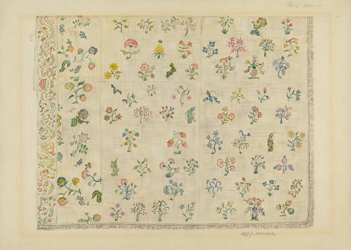 This is a drawing of a floral embroidery sampler. The image features meticulously detailed embroidered patterns arranged in a grid-like format on a light fabric background. Each pattern illustrates various small, multicolored floral designs, showcasing a range of intricate needlework techniques. Along the left edge, there is an ornate vertical band that appears to represent lace or another form of decorative stitch work. The hues utilized range from vibrant reds, blues, and greens to subtle pastels, creating a harmonious and varied palette across the sections. The craftsmanship highlighted suggests a study or practice of embroidery skills, possibly for education or demonstration purposes.