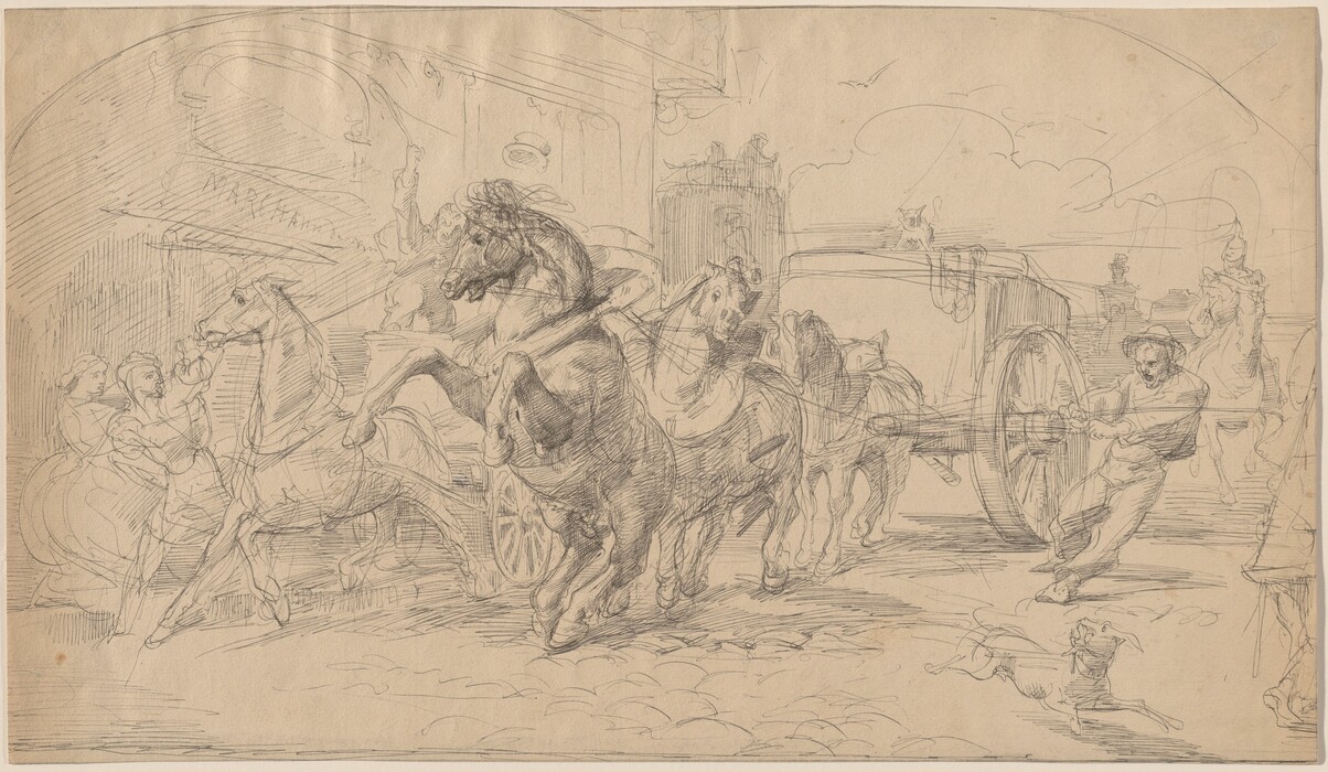 This is a drawing of a scene involving horses and a carriage. The image shows several horses pulling a carriage down a street. In the foreground, one horse rears up while a figure stands beside it, arms raised. The carriage is drawn at an angle, suggesting movement, with details indicating speed. A running dog is also depicted near the foreground. The detailed lines and shading convey a sense of urgency and motion in the scene.