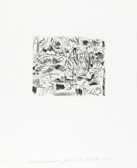 The image displays intricate, intersecting black lines and shapes on a white background, forming an abstract artwork. The lines and shapes resemble dense foliage, with some areas resembling leaves or organic formations. The abstract composition suggests dynamic movement and natural abundance.