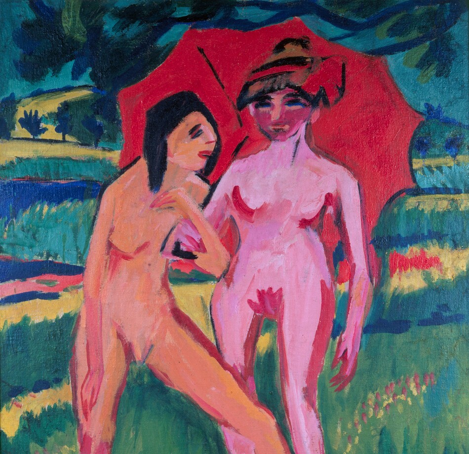 Two nude women, painted in vibrant coral peach and bubblegum pink, stand under a red umbrella in a landscape in this stylized, vertical painting. The scene is painted with areas of flat or streaked color with visible brushstrokes throughout. The women and umbrella take up most of the picture. The woman on our left stands facing our right almost in profile. Her skin is vivid peach. Slashes of red outline her breasts, groin, and legs. Her hair, eyes, and eyebrows are painted with black strokes. She stands on one leg and stretches the other in front of her to overlap the far foot of the other woman. The first woman hooks her arm through the elbow of the other, who stands facing us to our right. This second woman has vivid pink skin also outlined in red. Her face is a darker shade of pink, resembling a mask, and her eyes are parallel strokes of black and blue. Her left arm, on our right, hangs by her side, and she holds the umbrella with the other arm. She either wears a hat or her hair is painted with alternating bands of black, red, and brown, and there is a red flower or bow to one side. Black lines in the candy-red umbrella suggest a rib on the underside and the handle. Cobalt-blue branches of a tree above the women has blue and green leaves. The landscape beyond them is made up of bands of acid green, yellow, saturated blue, and cool green.
