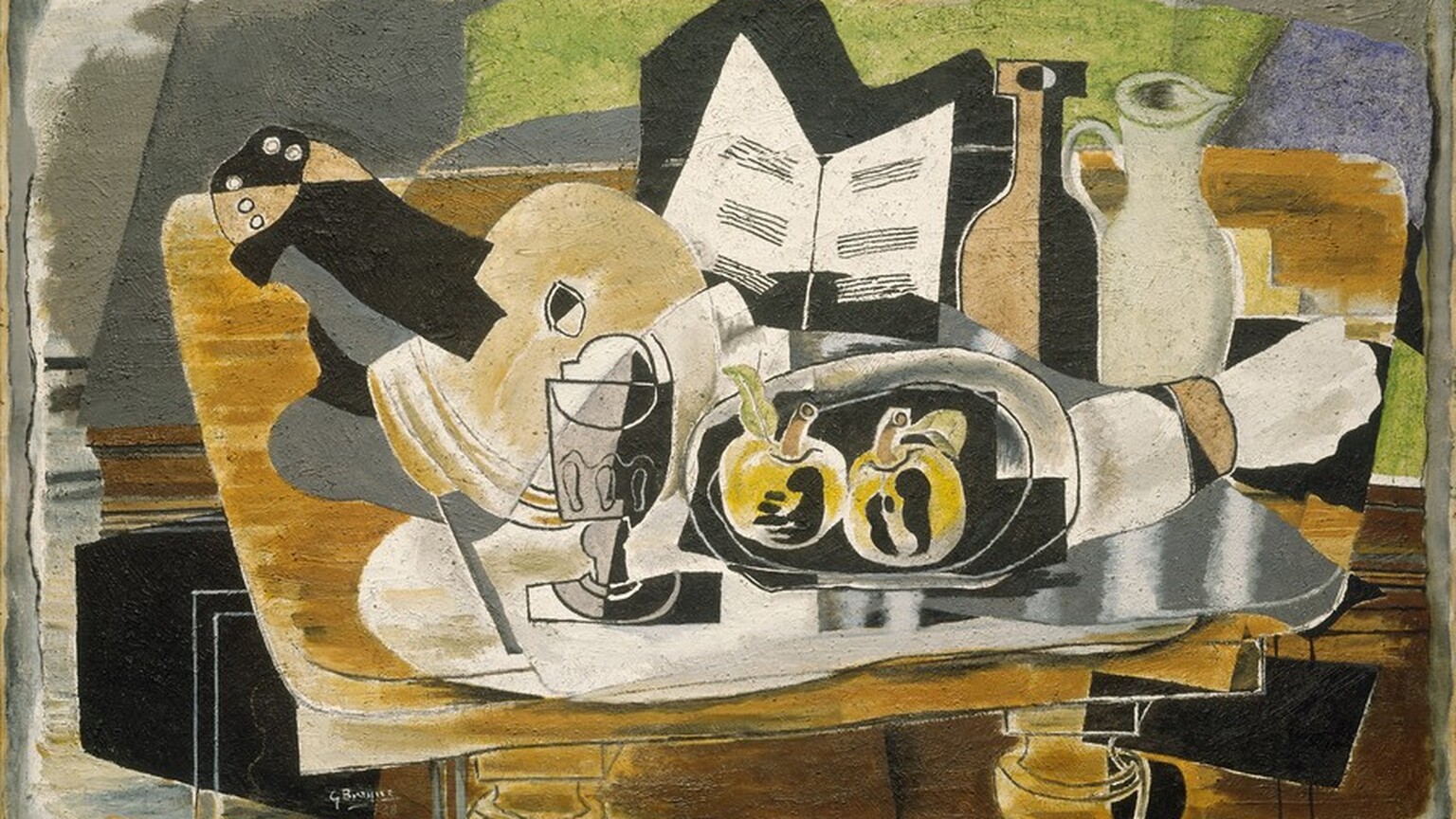 A jumble of abstracted objects, including a stringed instrument, tableware, and fruit, are gathered on a tabletop in this horizontal still life painting. The objects are made up of areas of mostly flat color in muted fawn brown, cream, bright white, fern green, slate gray, and black. Many forms are outlined in black, creating the impression that the some shapes are two-dimensional and assembled almost like a collage. To our left, a musical instrument, perhaps a lute, sits next to appears to be lined paper, perhaps abstracted sheet music, at the center of the composition. In front of the paper, two pieces of pale yellow fruit sit on a silver plate. A rolled up white napkin sits next to the plate in front of an urn and a jug. A steel-gray goblet sits to the left of the plate. The background behind the table is painted with zones of moss green, sky blue, and gray. The edges appear torn, as if the painting is done on a loose canvas or sheet of paper that was then affixed to a support. The surface of the painting is rough and appears scratched throughout, and looks as if paint had been applied when nearly dry. The artist signed and dated the painting in white near the lower left corner: “G Braque 28.”