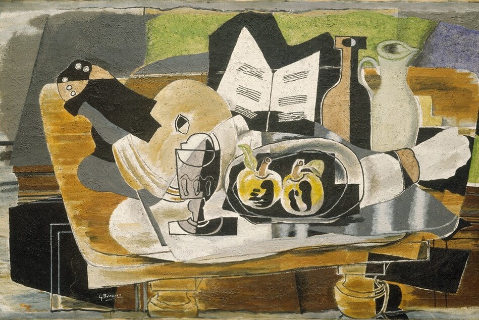 A jumble of abstracted objects, including a stringed instrument, tableware, and fruit, are gathered on a tabletop in this horizontal still life painting. The objects are made up of areas of mostly flat color in muted fawn brown, cream, bright white, fern green, slate gray, and black. Many forms are outlined in black, creating the impression that the some shapes are two-dimensional and assembled almost like a collage. To our left, a musical instrument, perhaps a lute, sits next to appears to be lined paper, perhaps abstracted sheet music, at the center of the composition. In front of the paper, two pieces of pale yellow fruit sit on a silver plate. A rolled up white napkin sits next to the plate in front of an urn and a jug. A steel-gray goblet sits to the left of the plate. The background behind the table is painted with zones of moss green, sky blue, and gray. The edges appear torn, as if the painting is done on a loose canvas or sheet of paper that was then affixed to a support. The surface of the painting is rough and appears scratched throughout, and looks as if paint had been applied when nearly dry. The artist signed and dated the painting in white near the lower left corner: “G Braque 28.”