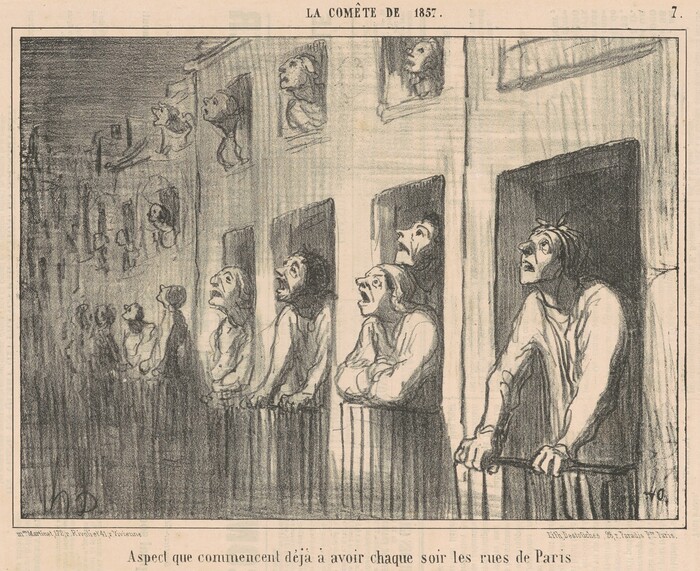The image shows a group of stylized individuals leaning out of windows on an urban building. They have exaggerated facial features, varied hairstyles, and wear simple clothing. They face upwards with a crowded, anticipatory expression. Other individuals watch from more windows in the background. The scene suggests nighttime in an urban environment.