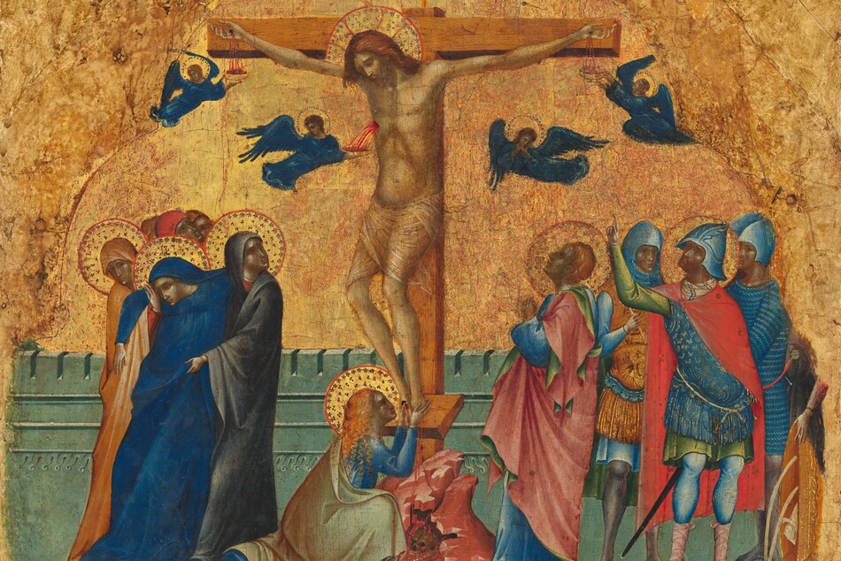 At least eleven people gather around a man hanging from a wooden cross, all against a gold background in this nearly square painting. The people have pale skin tinged heavily with gray, and pink on the cheeks. At the center of the composition, the man, Jesus, hangs from nails driven into the cross through his palms and feet. His thin body is covered only by a sheer loincloth across his hips. His knees angle to our left, and his head tips in that direction. He has a beard and auburn-brown, shoulder-length hair. His eyes are closed under furrowed brows. A gold halo surrounds his head and has red lines radiating to the red outline of the disk. The letters “INRI” appear on a panel on top of the cross. Three small, winged angels, like miniature people, catch vibrant red blood spurting or trickling from Jesus’s two palms and a gash over his right ribs in gold bowls. A fourth angel clasps hands in prayer. The angels have brown or blond hair, gold halos, and cobalt-blue robes and wings. A woman with long, curly, copper-colored hair kneels at the base of the cross, holding Jesus’s bleeding feet. To our left, a woman wearing lapis-blue swoons into the arms of two women who wear hoods and robes in marigold orange or nickel gray. All four women have gold halos, as do two of the four men standing together to our right. One of those men has short, copper-blond hair and wears a blue robe. His cloak is rose pink on one side and green on the other. He holds his small hands together in prayer and looks up at Jesus in profile. The other three men wear helmets and armored breastplates. One of them, at the front of that trio, has a halo and he points up at Jesus. The hand and torso of another person is visible along the right edge of this group, but the upper body has been lost. The cross sits on a low, rocky rise over a small cavern holding a skull. The ground around the cross and groups is carnation pink. A crenelated, turquoise-colored wall, about elbow height, runs across the back of the scene. The glimmering gold background is worn in some areas, revealing the red ground beneath the gold leaf.