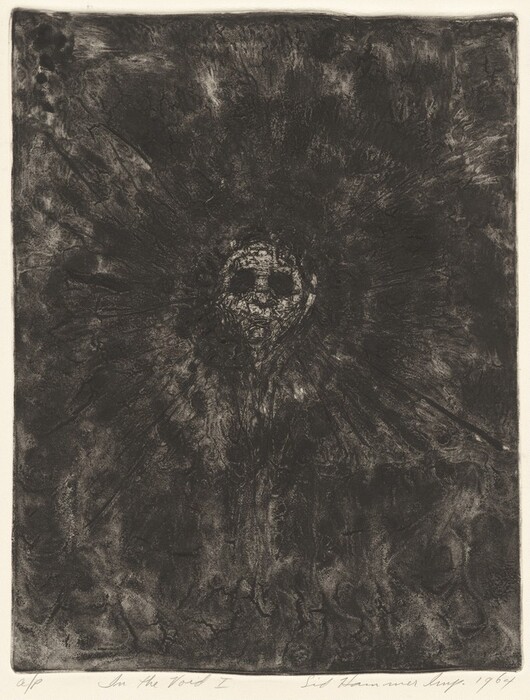 The image shows a dark, textured composition with abstract lines radiating outward from the center. A skull or mask-like shape appears in the center, surrounded by rough, radial lines. The art gives the illusion of explosion or aura. The appearance is similar to weathered rock or sculpture, with erosion revealing a hidden visage. Shadow and light create depth, enhancing the central form protruding from the backdrop.