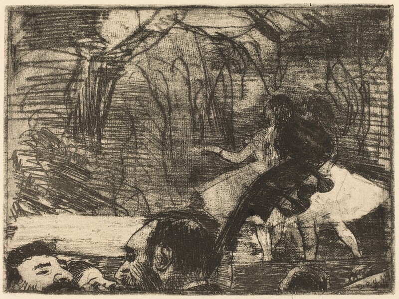 We look up at a stage from an orchestra pit or the first row of seats in a theater in this horizontal etching and drypoint print. The forms of people along the bottom edge of the scene, the two ballerinas on stage, and the backdrop behind them are scratched and scrawled in, sometimes heavily, creating areas of inky black. Closest to us and at the bottom center of the paper, the tall neck of an upright bass rests on the shoulder of a bearded man, who we only see from the moustache up. To our left, the hair, forehead, and noses of two more heads face him, and another, to our right, faces away. The instrument’s scrolling headstock reaches halfway up the composition, and it mostly obscures the dancers, who wear light-colored bodices and knee-length tutus. The background is almost filled with dark, squiggly lines. The print is signed in the bottom right corner, “Degas.”