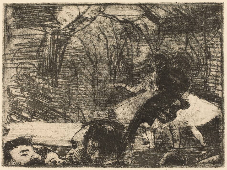 We look up at a stage from an orchestra pit or the first row of seats in a theater in this horizontal etching and drypoint print. The forms of people along the bottom edge of the scene, the two ballerinas on stage, and the backdrop behind them are scratched and scrawled in, sometimes heavily, creating areas of inky black. Closest to us and at the bottom center of the paper, the tall neck of an upright bass rests on the shoulder of a bearded man, who we only see from the moustache up. To our left, the hair, forehead, and noses of two more heads face him, and another, to our right, faces away. The instrument’s scrolling headstock reaches halfway up the composition, and it mostly obscures the dancers, who wear light-colored bodices and knee-length tutus. The background is almost filled with dark, squiggly lines. The print is signed in the bottom right corner, “Degas.”