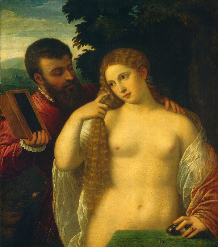 Shown from the hips up, a nude woman stands between a table in front of her and a clothed man behind her, against a deep landscape in this vertical painting. The man rests one hand on her shoulder and holds up a mirror with the other. The woman’s pale skin has a pronounced golden glow. Her body faces us and she looks to our left, holding her waist-length, curly, strawberry-blond hair with her right hand by her face. Her hair on the other side is tied back with a sage-green band behind her ear. She wears a sheer white sash wrapped around her back and upper arms. A muted rose-pink, velvet sash loops over her left forearm, to our left. That hand rests on a round, squat glass bottle that sits on a leaf-green table, with her index finger covering the opening of the bottle. She wears a gold ring with a small dark stone on her left ring finger, and another gold ring rests on the table. The back corner of the table covers her genitals in the lower right corner of the painting. Behind her and to our left, a man with an olive-toned complexion and short curly brown hair, moustache, and long beard looks down his long nose at the woman as he rests his left hand, to our right, on her shoulder. He has dark eyebrows, flushed cheeks, and his pink lips are closed. He wears a cranberry-red coat embroidered along the edges with gold. White ruffles encircle his neck and the cuff we can see. Almost lost in shadow, the hilt of his sword peeks around his hip. With his right hand, to our left, he holds up a dark rectangular object in a wood-colored frame. The reflections of his fingertips in the glass indicate that this is a mirror, but the surface is otherwise black. A dense, forest-green tree grows in the landscape behind the woman. The view over the man’s shoulder, to our left, has sea-green hills beneath a watery blue sky with cream-white clouds.