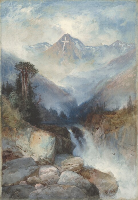 We look across a bank of large boulders that give way to a waterfall in the middle distance, behind which a towering mountain marked with a white cross rises near the top of this vertical watercolor landscape. Painted with swirling washes of topaz and powder blue, cream white, and some touches of pale golden yellow, the central mountain ascends amid the clouds that settle around the peaks to either side. Slivers of white along the central and neighboring mountains echo the white cross, which seems to have been made with fallen snow on the face of the central peak. Clouds or fog eddying around the neighboring peaks make the middle distance hazy. Closer to us, some scrubby pine-green trees line a riverbank that feeds a waterfall in the lower third of the composition. The water falls behind the slate-gray boulders hulking in the lower left corner of the paper. A bird flies in the mist near the falls.