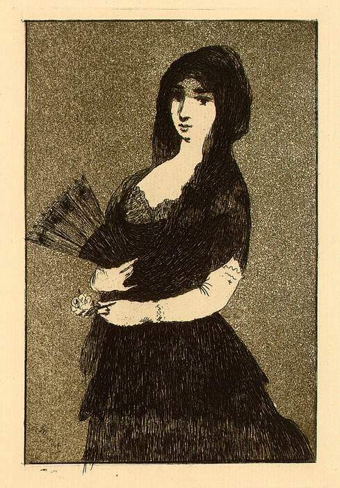 The image depicts a woman from the waist up. She is slightly turned to the side, facing the viewer. The woman has distinct facial features, long dark hair, and is wearing a dark gown with a shawl or wrap covering her shoulders. She is holding a folding fan and a small bouquet of flowers. The background is a textured stippling.