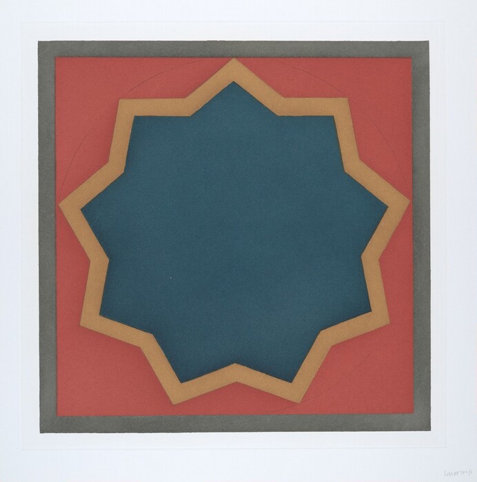 The image displays an abstract composition with a central star-shaped form made of interconnected straight lines and angles. The shape is outlined in brown and filled with deep blue, set against a red background bordered by a gray square. The geometric precision and overlapping shapes create an abstract aesthetic reminiscent of a tile design or a compass rose.