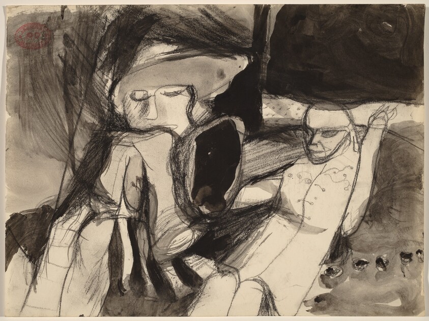 Untitled [two seated figures, one leaning forward]