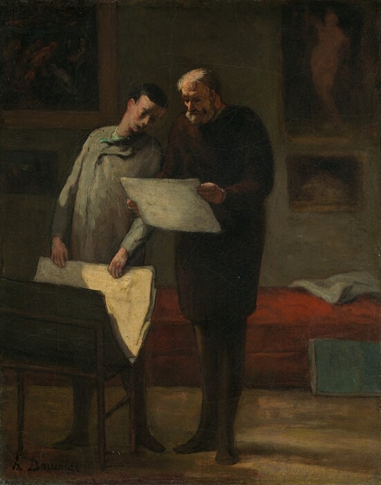 A young and older man, both with pale skin, stand next to each other in shadowy room looking at a piece of white paper held by the older man in this vertical painting. Light from the upper left falls across the men, and they take up most of the height of the composition. The paper is held by a balding, elderly man at the center of the painting. He wears a knee-length, dark brown jacket and trousers. His has a gray beard and hair, and thin black lines delineate his brows and trace the creases on his face. A younger man standing to our left has short black hair and ruddy skin. He tilts his head to gaze at the paper in the older man’s hands. The younger man wears a sage-green jacket, and his lower body is partially hidden by a wooden rack before him. The V-shaped rack supports an open, dark green portfolio folder, and the young man rests his hands on the edges of more sheets of paper there. There are two paintings hanging on the olive-green wall of the room to each side of the men, but they are loosely painted and deep in shadow, so the subjects are difficult to make out. Another aquamarine-blue folder rests against a red bed or sofa that runs along the back wall. A white, folded cloth sits on the sofa above the portfolio. The artist signed the lower left, “h. Daumier.”