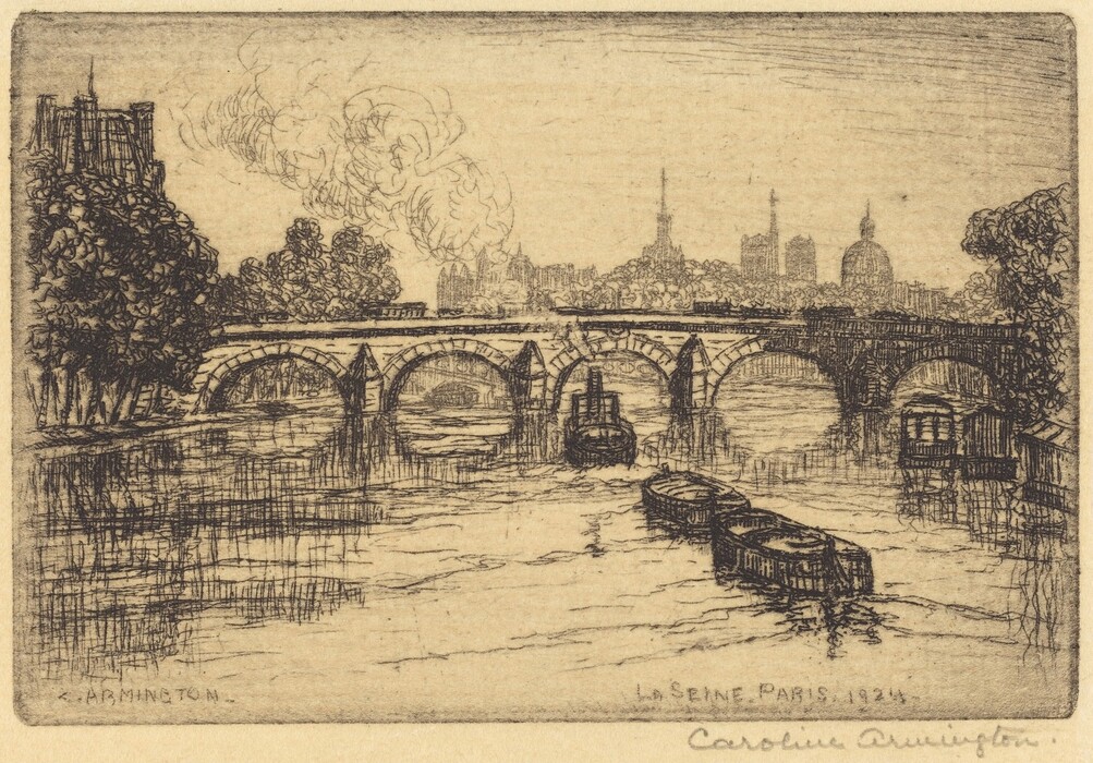 The image displays the Seine River with an arched stone bridge crossing from left to right. The low horizon line is defined by the bridge, above which is the Parisian cityscape with spires and domes. The etching showcases detailed hatching to depict depth and texture in the trees and water. The color palette is monochromatic with sepia tones. Boats float on the river with reflections. In the distance, city structures add depth. Skies above the city are lightly marked with cloud-like renderings.