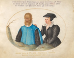 Set within a drawn oval frame, two people are shown from the waist up against a parchment-white background in this horizontal watercolor portrait. To the left, the man’s face is entirely covered with golden brown hair, leaving space for only the eyes, the protruding nose, and mouth. He looks at us, wearing a narrow white collar over a lapis-blue robe with black sleeves. To our right, a woman rests one hand on his near shoulder. Her body is angled toward him, to the left, and she looks off in that direction. She has a round face, pale skin, rosy cheeks, and dark pink lips. She wears a black cap with a wide, flat strip of cloth draped from front to back. Her black dress has a white ruff collar, puffed sleeves, a cinched waist, and a full skirt. The pair stand behind what appears to be a grassy ledge with a twig growing out of a rise to the left. The background behind them and beyond the gold line border is white. Latin text is handwritten above and below the gold oval frame in two colors of ink. Above and in purple, text reads, “Omni miraculo quod fit per Hominem maius miraculum est Homo visibilium omnium maximus est Mundus, invisibilium DEVS sed mundum esse cospicimus, Deum esse Credimus…” Below and in yellow ink, text reads, ““HOMO natus de MVLIERE, brevi viventis Tempore Repletus multis miseriis. Job 14.”