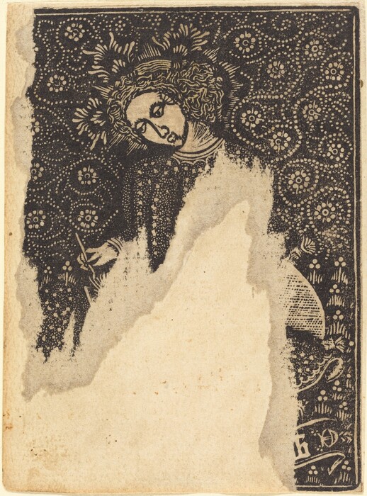 The image depicts an incomplete upper body view of a person with facial features showing almond-shaped eyes and a serene expression. The figure has curly hair and a halo-like adornment around the head. The individual wears intricately detailed clothing and holds a narrow object in one hand. The background features an elaborate floral pattern in dark tones.