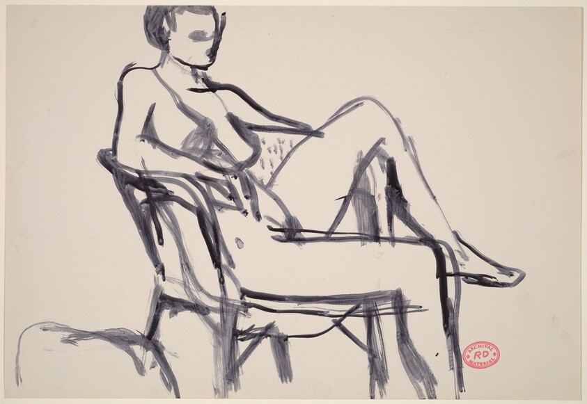 Untitled [seated female nude with left leg over chair arm]