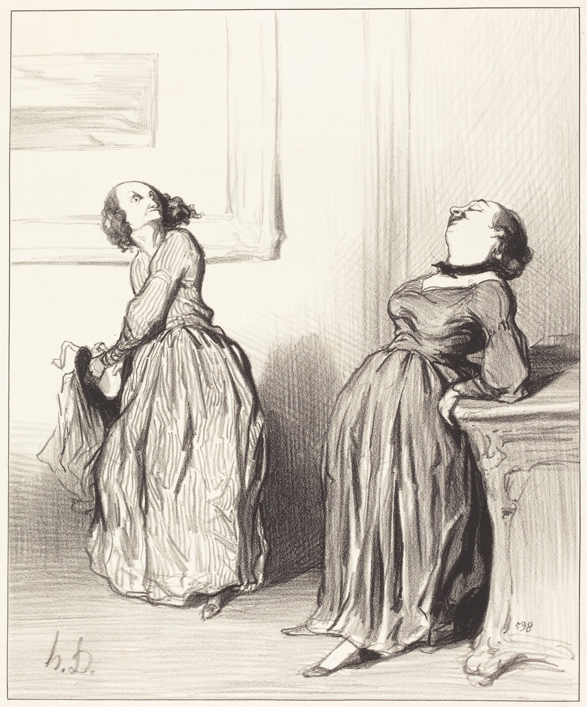 The image shows two women in full length. The woman on the left is bending forward, holding her dress with one hand, looking upwards, with short curly hair and wearing a long striped dress. The woman on the right is leaning against a tall piece of furniture with closed eyes, neutral expression, short curly hair, and wearing a long-sleeved dark dress and a choker necklace. The room is simple with an empty frame on the wall.