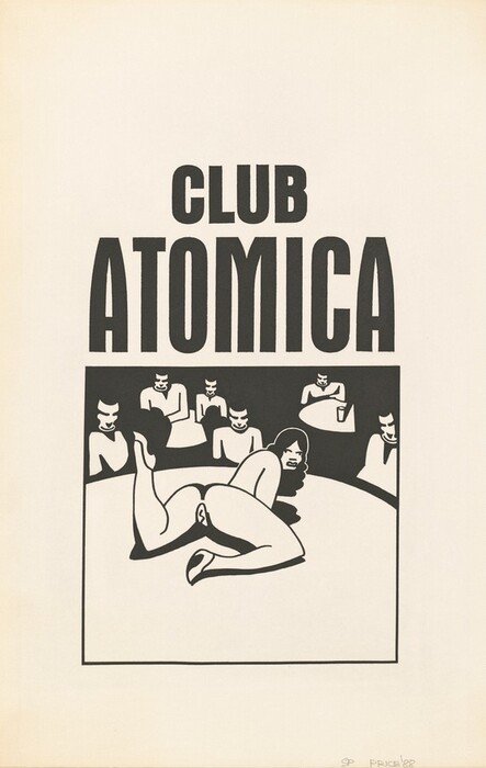 This is a drawing featuring a scene at a club. The central focus is a stylized showgirl performing on a stage, with an audience in the background. The image includes the words "CLUB ATOMICA" in large, bold letters. The drawing has a black and white composition with a simplistic cartoon-like design, portraying the showgirl and audience with bold shapes and expressions. The contrasts in the drawing enhance its dramatic atmosphere, giving it a graphic and illustrative quality similar to comic strip art.