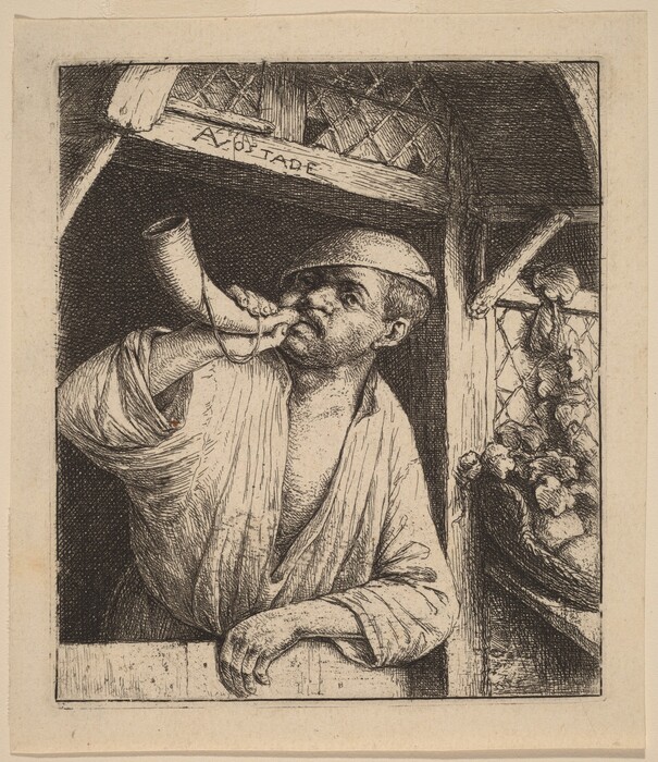 The image shows a man from the waist up, leaning on a ledge with his left arm and holding a horn to his mouth with his right hand. He has prominent eyebrows, a straight nose, and a slightly open mouth. The man wears a loose-fitting, long-sleeved garment, and a cap on his head. Behind him is a window frame with a diamond lattice pattern, and in the background, a wooden structure with vines or flowers around a window. The name "A. Ostade" is inscribed above the man's head.