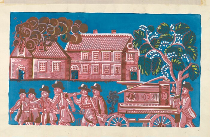 The image depicts a scene viewed from an elevated perspective, showing a group of people and a carriage in front of two buildings. The left building has arches, and both structures are depicted in a simplistic style using swirling lines. The people are dressed in colonial-era attire and are holding musical instruments or banners. A tree with large leaves is on the right. The color palette is bold, with blues, purples, and pinks dominating. The brushstrokes are flat, giving the piece a naive, hand-painted quality.