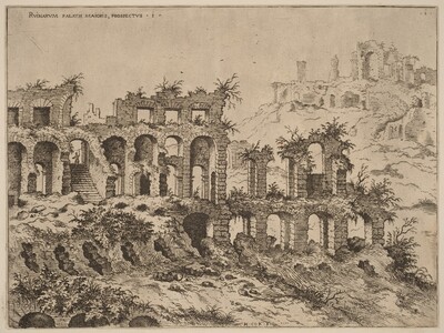 “View of the Colosseum with the Palatine in the Background”. The image shows ruins from a slightly elevated angle, providing a view of the layers and depth of the structures.
