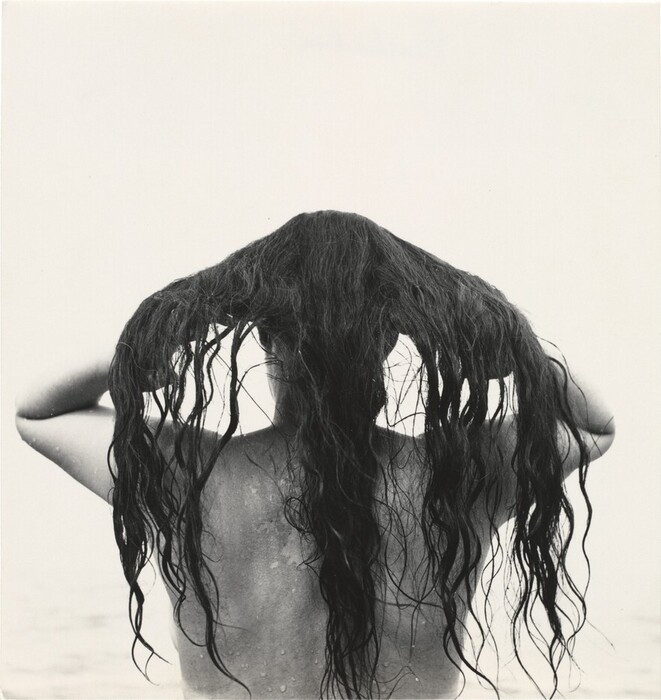 The image shows the upper half of a person's back from the shoulders to just below the shoulder blades. The person is standing with their back to the camera, arms raised, holding sections of long, wet hair cascading down their back. The individual has long, dark hair and is not wearing any visible clothing. The background suggests an outdoor setting with a light, nearly uniform gray backdrop. No facial features are visible, and no jewelry or objects are held by the person.