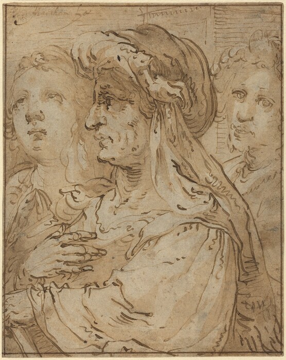 The image depicts a detailed drawing of three people from the shoulders up. The central figure faces right in profile, displaying distinct facial features such as wrinkles and a prominent nose, alongside curly hair and a head covering. They wear flowing garments with intricate linework. One hand rests on their chest. The person on the left faces front, with soft facial features, long flowing hair, and similar loose-fitting attire. Another figure on the right has curly hair, similar facial details, and matching attire. The background is textured with cross-hatched shading and lines, without specific objects or scenery.