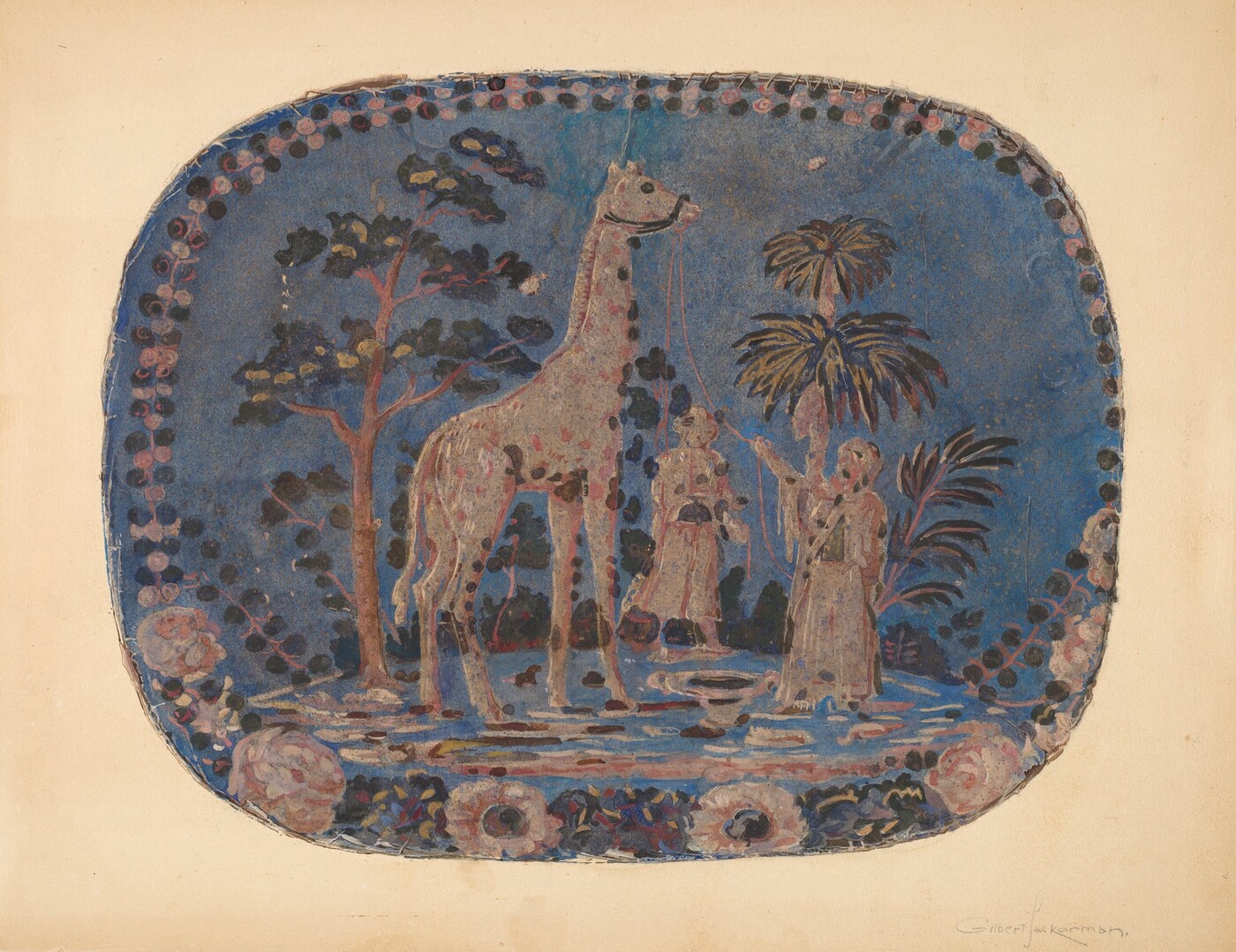 This is a painting of a giraffe in a stylized landscape. The giraffe stands tall in the center of an oval frame surrounded by a border of floral designs. The scene includes abstract trees in varying foliage, set against a deep blue background.