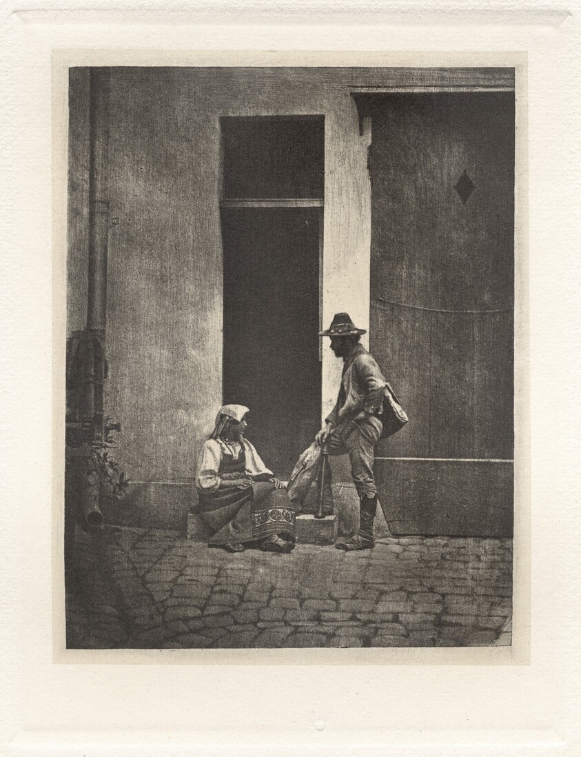 Planche IV – Pifferaro Debout et Paysanne Italienne Assise, dans la Cour du 21 Quai Bourbon (Plate IV – Pifferaro Standing and Italian Peasant Seated, in the Court of 21 Quai Bourbon)