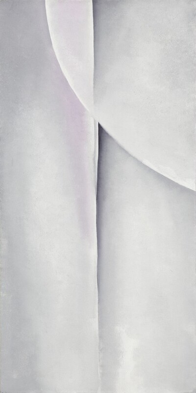 Created with diffuse tones of cool gray and white, a curve cuts across a line running down the center of this vertical, abstract painting. The vertical line is shaded to the right with smoke gray at the top and darker, charcoal gray near the center. The arc of the curve sweeps down from the left of center along the top edge, and reaches about halfway down the right edge. The shading within the circle is darker where the line cuts down the top of the form. An elongated, wedge-shaped wash of violet extends from the top to about halfway down the left side of the line.