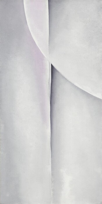 Created with diffuse tones of cool gray and white, a curve cuts across a line running down the center of this vertical, abstract painting. The vertical line is shaded to the right with smoke gray at the top and darker, charcoal gray near the center. The arc of the curve sweeps down from the left of center along the top edge, and reaches about halfway down the right edge. The shading within the circle is darker where the line cuts down the top of the form. An elongated, wedge-shaped wash of violet extends from the top to about halfway down the left side of the line.