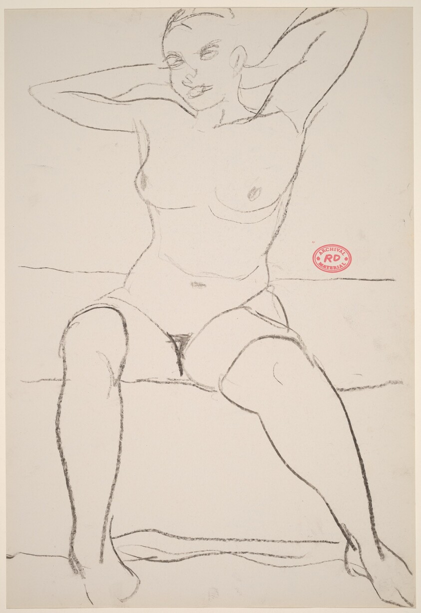 Untitled [seated female nude with hands behind head]