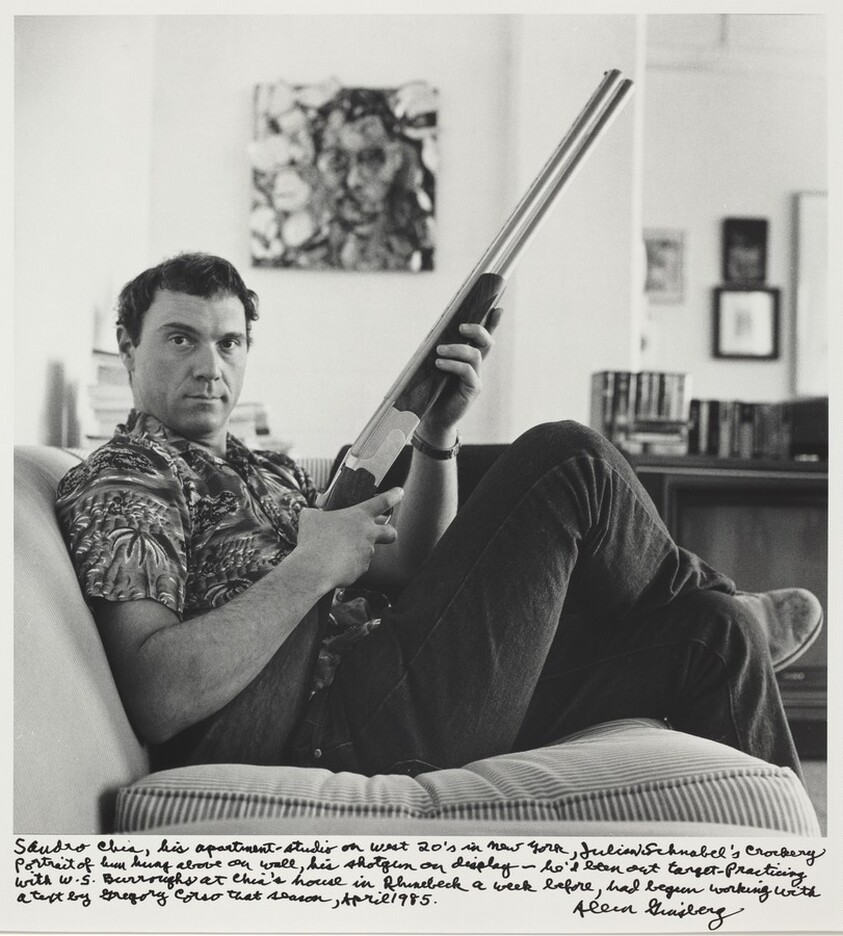 Sandro Chia, his apartment-studio on West 20's in New York, Julian Schnabel's crockery portrait of him hung on wall, his shotgun on display - he'd been out target-practicing with W. S. Burroughs at Chia's house in Rhinebeck a weel before, had begun working with a text by Gregory Corso that season, April 1985.