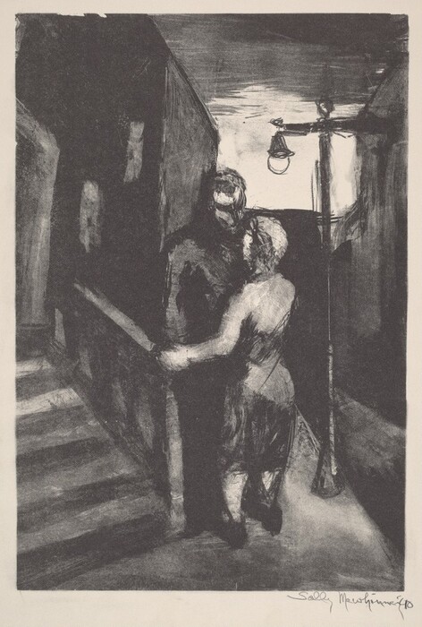 The image displays two individuals standing on a staircase in a dark, enclosed space. They are positioned close to each other near the banister, one facing the other. The figures have indistinct facial features and wear loosely fitting clothing. There are no accessories or objects in their hands. The background includes a staircase and an overhead lamp in a dimly illuminated interior space. The scene is depicted in monochrome, emphasizing the dark and shadowy atmosphere.