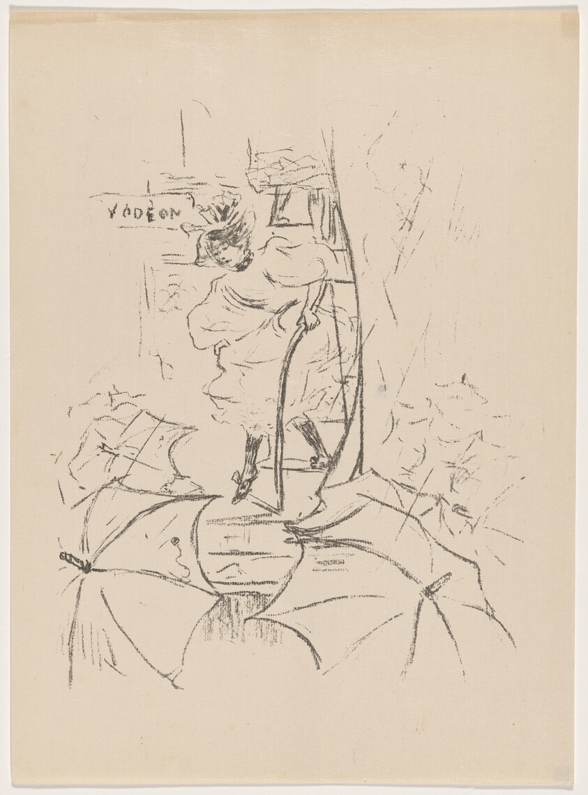 untitled (Woman descending onto a street of umbrellas)