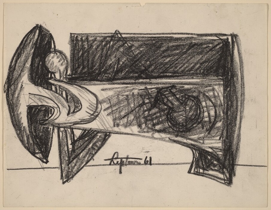 The image depicts an abstract composition with bold, dark lines and shapes. In the center, there is a long rectangular shape surrounded by swirling curves and circular forms. The lines vary in thickness, creating depth and dimension. The overall arrangement blends geometric and organic forms, inviting the viewer to reinterpret familiar objects abstractly.