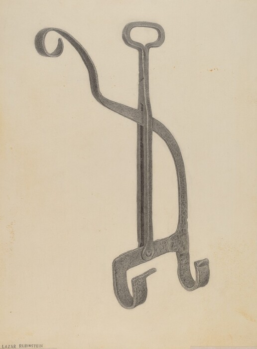 The image shows a large metal tool with a central handle and curved arms that split into hooks at the ends. The tool is predominantly gray against a beige background, giving it a monochromatic appearance. Positioned centrally, the handle is at the top, with one arm extending to the left in a gentle curve and the other dropping vertically before curving outwards to the right at the bottom.
