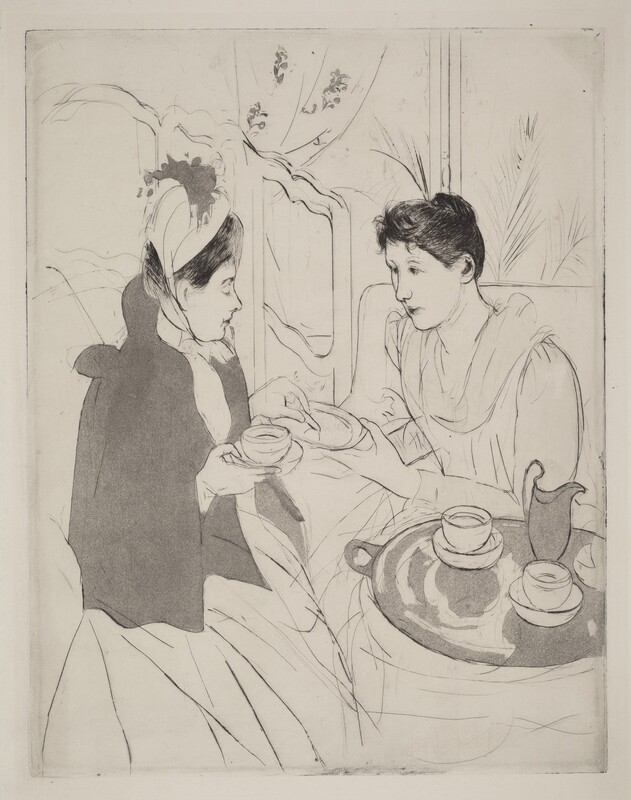Two women with sit next to a table holding a tray with teacups and saucers in this vertical etching and aquatint. Faint black lines outline the women, their features, clothing, and objects in the room. The women face each other and take up most of the composition. Both have oval faces, rounded noses, and their hair is pulled up and back. The woman to our right leans forward as she holds up a plate with her right hand, closer to us. The other hand rests on the arm of her chair. Her dress has a tight-fitting bodice, long sleeves, and a long skirt. The other woman’s cap has a feather and is tied in a bow under the chin. She wears a hip-length cloak over a long dress. She looks down at the plate and holds what might be a cookie or biscuit with one hand and a cup and a dish-like saucer with the other. Her lips are downturned, her head pulled slightly back to create a double chin, and she sits upright in her chair. In the lower right corner of the sheet, the round table is barely bigger than the tray it holds. On it are two more cups and saucers and a jug, presumably holding milk. What might be another cup-and-saucer set or the teapot is cut off by the right edge of the paper. A screen with openings across the top stands to the left behind the second woman, and a window is behind the first. Spiky fronds of a houseplant angle across the window, and a curtain is pulled to the left side. Squiggles on that second curtain suggest a floral pattern. A few areas are colored in gray, including the second woman’s cloak, the tray, and the milk jug.