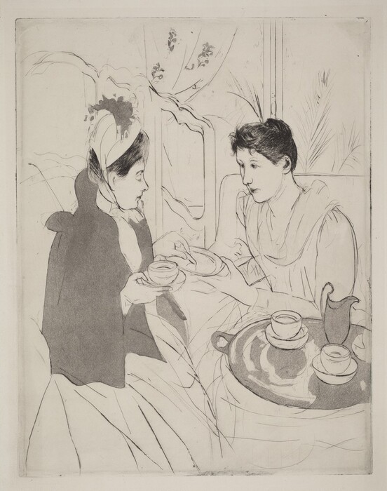 Two women with sit next to a table holding a tray with teacups and saucers in this vertical etching and aquatint. Faint black lines outline the women, their features, clothing, and objects in the room. The women face each other and take up most of the composition. Both have oval faces, rounded noses, and their hair is pulled up and back. The woman to our right leans forward as she holds up a plate with her right hand, closer to us. The other hand rests on the arm of her chair. Her dress has a tight-fitting bodice, long sleeves, and a long skirt. The other woman’s cap has a feather and is tied in a bow under the chin. She wears a hip-length cloak over a long dress. She looks down at the plate and holds what might be a cookie or biscuit with one hand and a cup and a dish-like saucer with the other. Her lips are downturned, her head pulled slightly back to create a double chin, and she sits upright in her chair. In the lower right corner of the sheet, the round table is barely bigger than the tray it holds. On it are two more cups and saucers and a jug, presumably holding milk. What might be another cup-and-saucer set or the teapot is cut off by the right edge of the paper. A screen with openings across the top stands to the left behind the second woman, and a window is behind the first. Spiky fronds of a houseplant angle across the window, and a curtain is pulled to the left side. Squiggles on that second curtain suggest a floral pattern. A few areas are colored in gray, including the second woman’s cloak, the tray, and the milk jug.