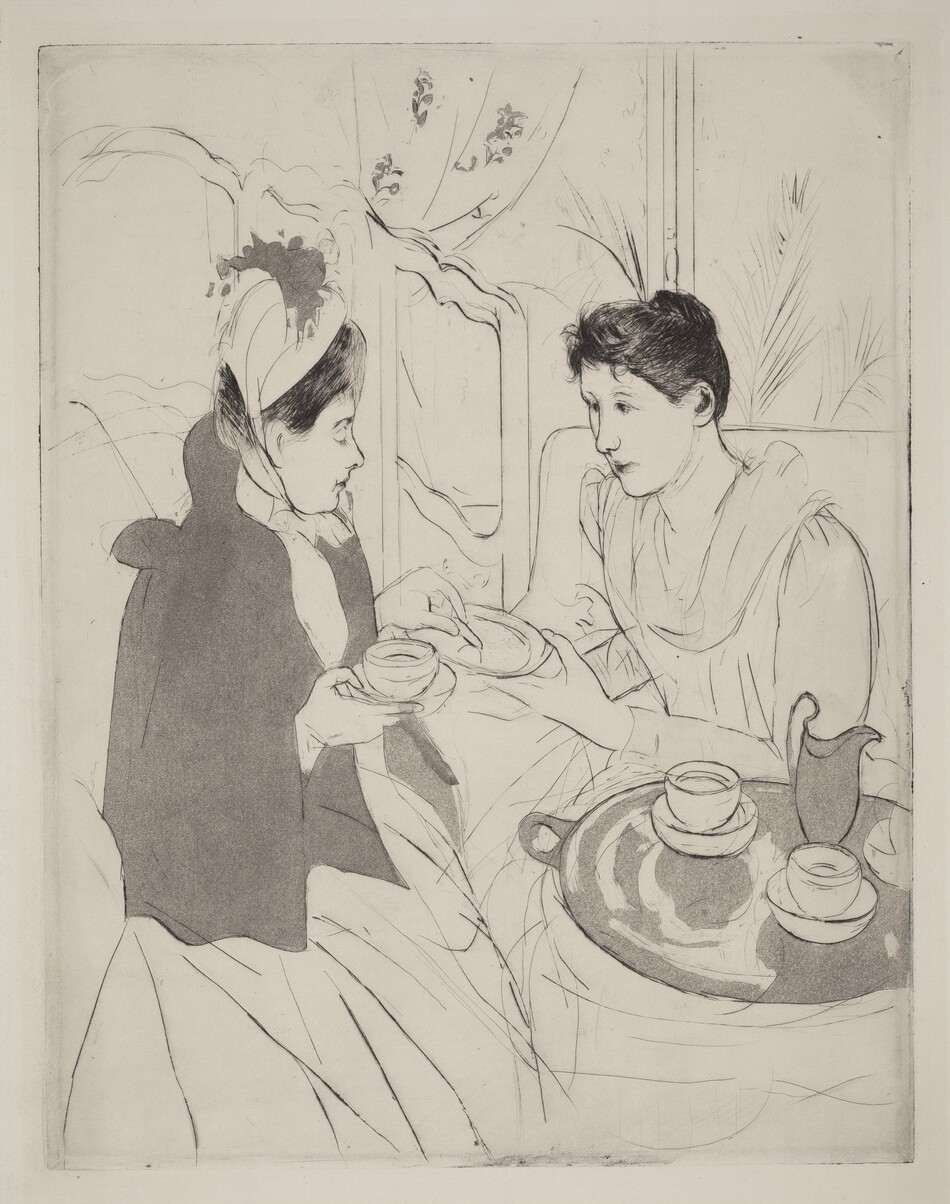 Two women with sit next to a table holding a tray with teacups and saucers in this vertical etching and aquatint. Faint black lines outline the women, their features, clothing, and objects in the room. The women face each other and take up most of the composition. Both have oval faces, rounded noses, and their hair is pulled up and back. The woman to our right leans forward as she holds up a plate with her right hand, closer to us. The other hand rests on the arm of her chair. Her dress has a tight-fitting bodice, long sleeves, and a long skirt. The other woman’s cap has a feather and is tied in a bow under the chin. She wears a hip-length cloak over a long dress. She looks down at the plate and holds what might be a cookie or biscuit with one hand and a cup and a dish-like saucer with the other. Her lips are downturned, her head pulled slightly back to create a double chin, and she sits upright in her chair. In the lower right corner of the sheet, the round table is barely bigger than the tray it holds. On it are two more cups and saucers and a jug, presumably holding milk. What might be another cup-and-saucer set or the teapot is cut off by the right edge of the paper. A screen with openings across the top stands to the left behind the second woman, and a window is behind the first. Spiky fronds of a houseplant angle across the window, and a curtain is pulled to the left side. Squiggles on that second curtain suggest a floral pattern. A few areas are colored in gray, including the second woman’s cloak, the tray, and the milk jug.