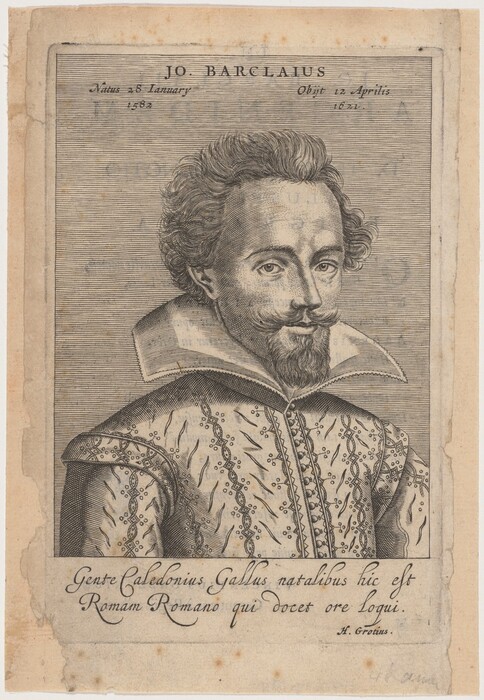 The image shows an upper body portrait of a man facing the viewer. He has distinct features including defined eyebrows, prominent cheekbones, deep-set eyes, a pointed nose, and a mustache with a short-pointed beard. His hair is styled in curls framing his face. He is wearing a detailed garment with an elaborate ruffled collar. The background consists of horizontal lines, with accompanying text above and below the image.