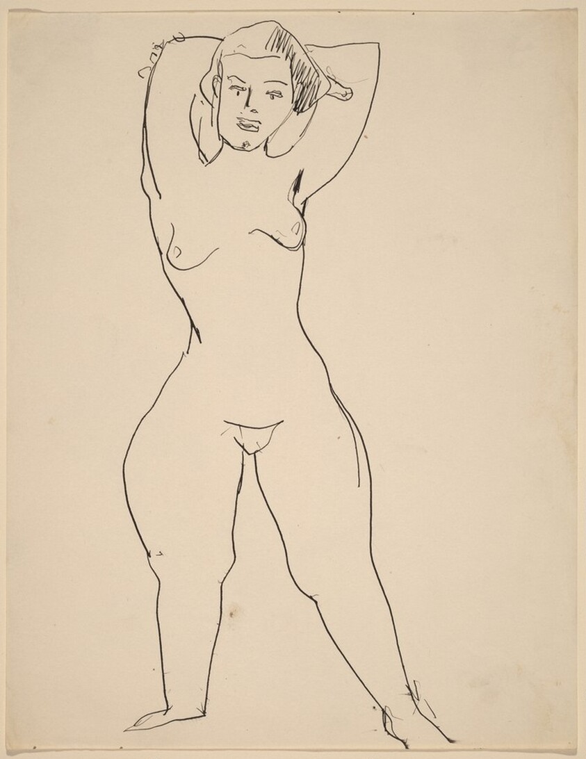 Frontal Nude Standing, Arms Raised and Folded behind Head