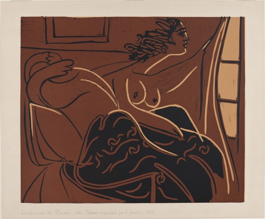 The image depicts a person in a reclining position, with focus on their upper body. The person is seated with one arm extended towards a window. The facial features are simplified, and they have wavy hair. They are nude, with draped fabric covering part of their lower body. The background includes a window and a rectangular frame. Bold lines and a brown color palette define the forms and space.